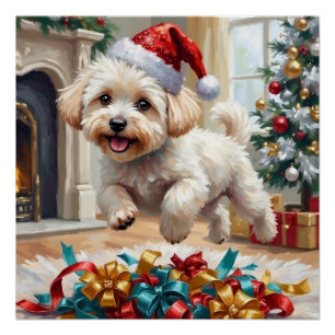 Póster Cão Bichon Frise Fofo Natal Alegre