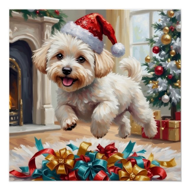 Póster Cão Bichon Frise Fofo Natal Alegre (Frente)