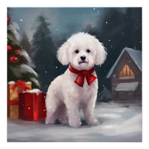 Póster Cão Bichon Frise na Neve Natal 