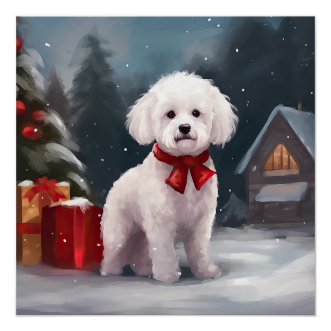Póster Cão Bichon Frise na Neve Natal  (Frente)