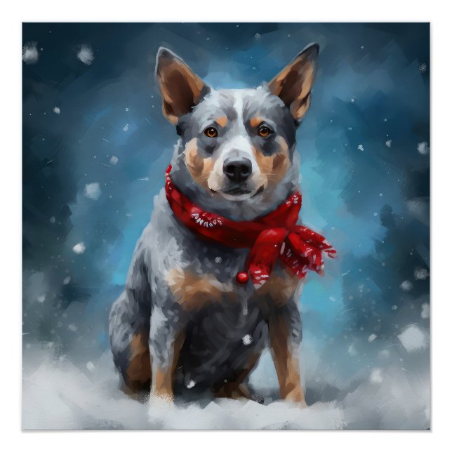 Póster Cão Blue Heeler na Neve de Natal (Frente)