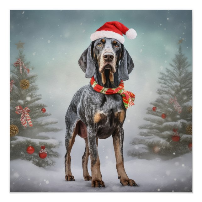 Póster Cão Bluetick Coonhound na Neve de Natal (Frente)