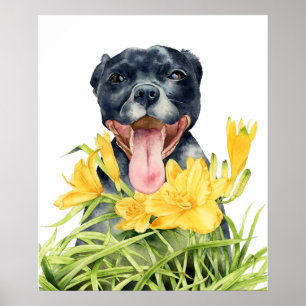 Poster Cão bonito de Pitbull no jardim amarelo