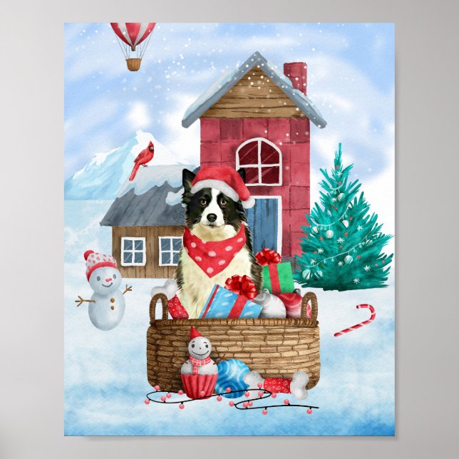 Poster Cão Border Collie na Casa de Cachorro de Natal na  (Frente)