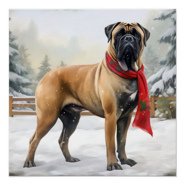 Póster Cão Bullmastiff na Neve Natal (Frente)