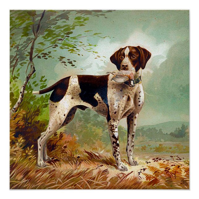 Póster Cão caçador com pássaro na boca (Frente)