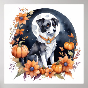 Poster Cão Cachorro Cachorro Halloween Moon Floral Lover
