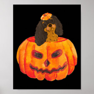 Poster Cão Cavalier Preto e Castanho Feliz Halloween Abób