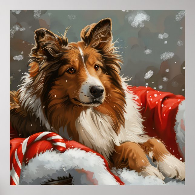 Poster Cão Collie Áspero Festa de Natal (Frente)