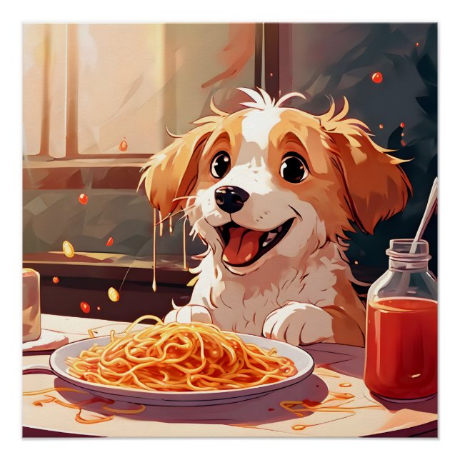 Póster Cão comendo espaguete (Frente)
