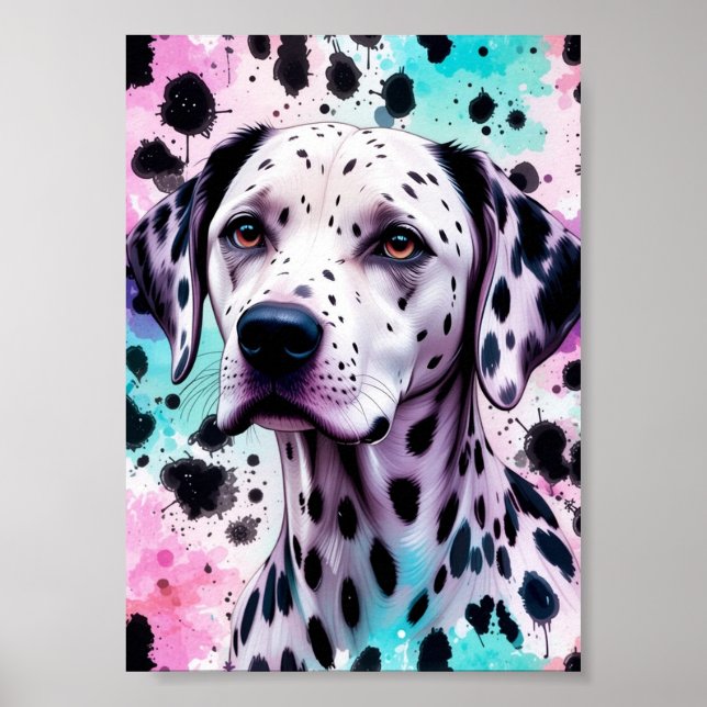 Poster Cão Dalmata Rosa Roxo Turquesa Aquarela (Frente)
