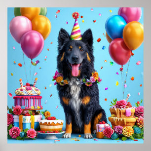 Poster Cão de aniversário com bolo e balões