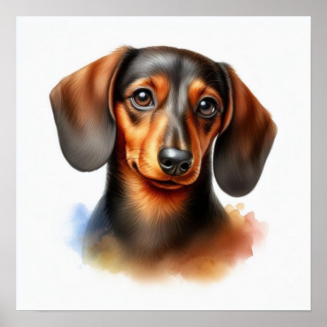 Poster Cão de Dachshund Cujo Cachinho é em Aquarela (Frente)