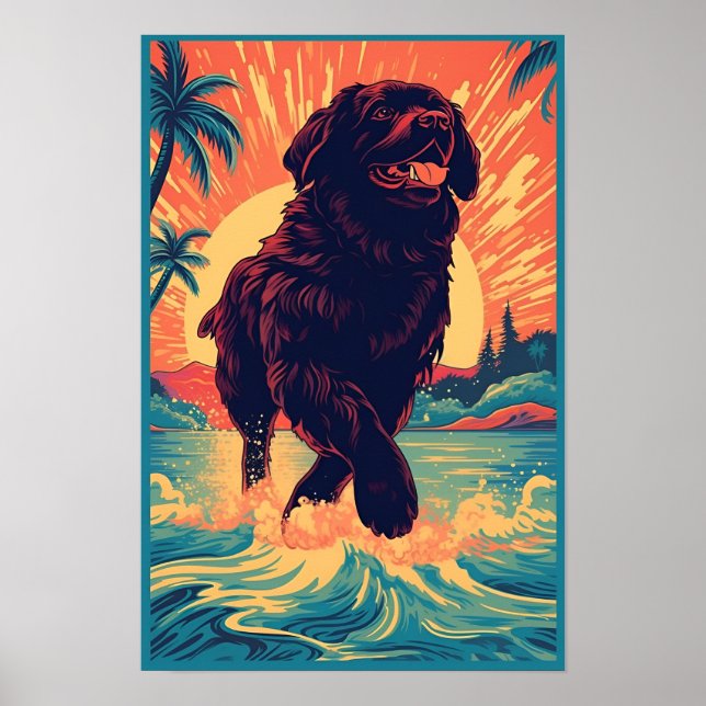 Poster Cão de Terra Nova na praia (Frente)