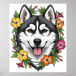 Poster Cão de Trenó Husky e Flores Coloridas de Mirablis
