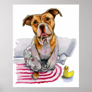 Póster Cão do pitbull na pintura da aguarela do Bathrobe