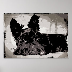 Póster Cão do Scottie que descansa com fundo urbano do