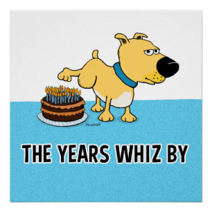 Póster Cão engraçado que faz xixi no bolo de aniversár