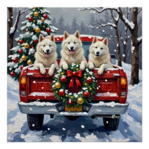 Póster Cão Esquimó Americano Caminhão Vermelho Natal Féri
