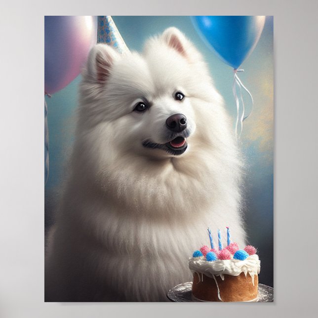Poster Cão esquimó americano com aniversário de balões (Frente)