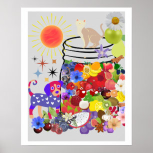 Poster cão, gato, frutas e flores