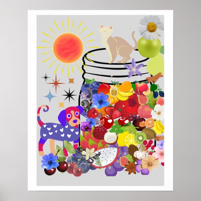 Poster cão, gato, frutas e flores (Frente)