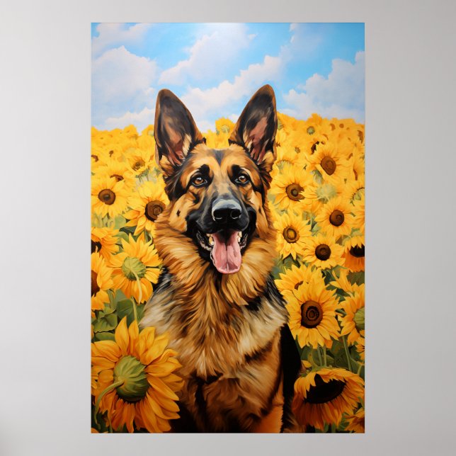 Poster cão german shepherd nos girassóis (Frente)