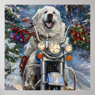 Poster Cão Great Pyrenees andando de motocicleta no Natal