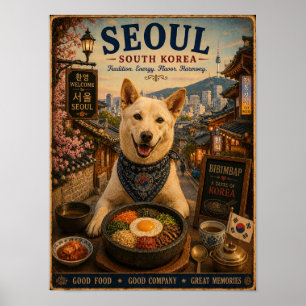 Poster Cão Jindo em Cartaz de Viagem Vintage de Seul