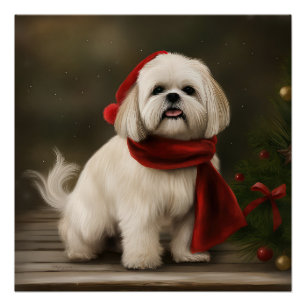 Póster Cão Lhasa Apso na Neve Natal