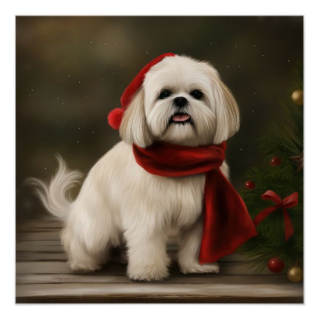 Póster Cão Lhasa Apso na Neve Natal (Frente)