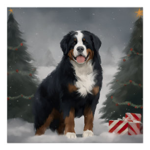 Póster Cão Montanhês Bernês na Neve Natal
