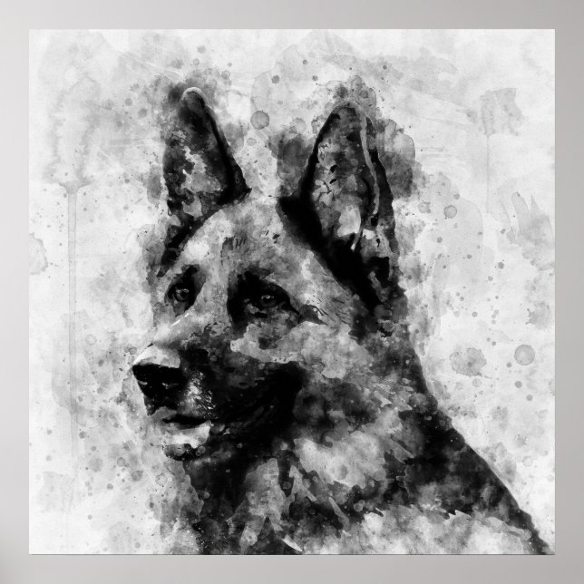 Poster Cão Pastor Alemão Aquarela Preto e Branco (Frente)