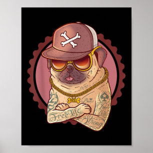 Poster Cão, Pet, Tatuagem, Rap _ Pug, Rapper Tee