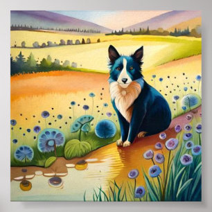 Poster Cão preto e branco no campo floral