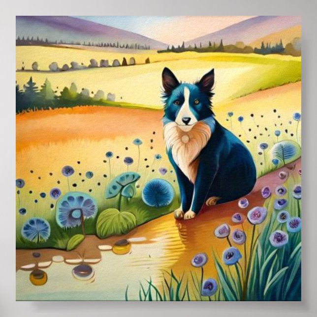 Poster Cão preto e branco no campo floral (Frente)