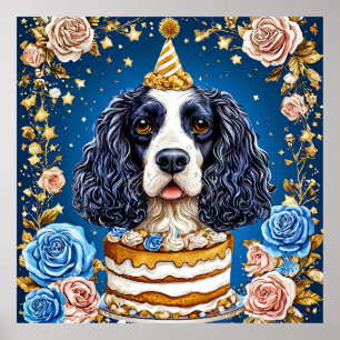Poster Cão Spaniel Celebrando Aniversário com Bolo