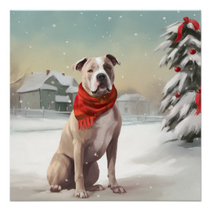 Póster Cão Staffordshire Americano na Neve Natal