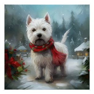 Póster Cão Terrier Branco do West Highland na Neve Natal