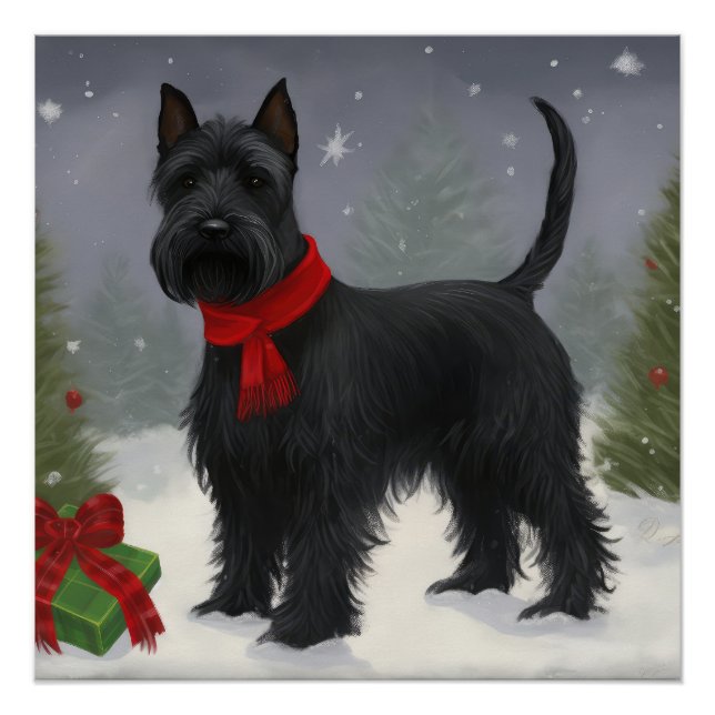 Póster Cão Terrier Escocês na Neve Natal (Frente)