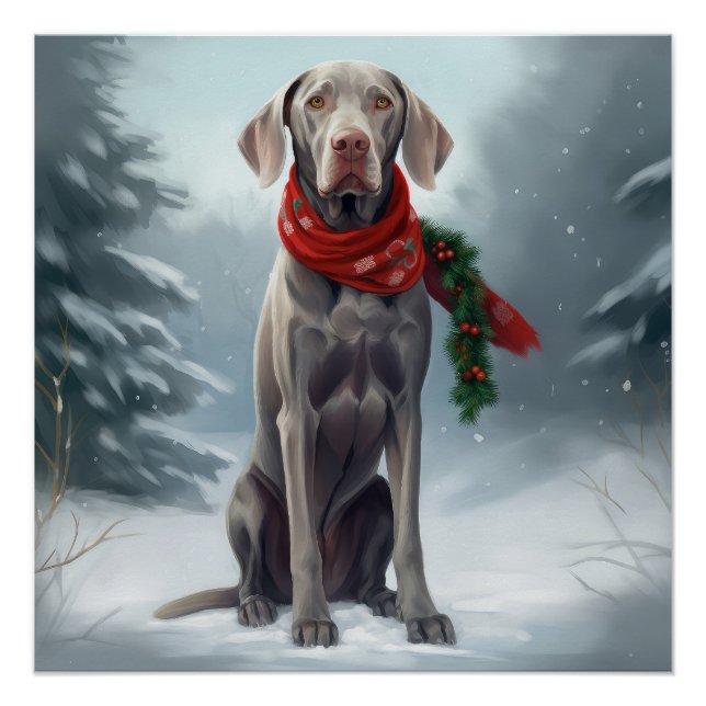 Póster Cão Weimaraner na Neve Natal (Frente)