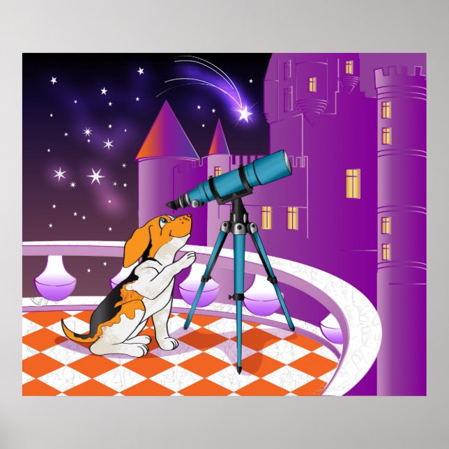 Poster Cãozinho bege vermelho e telescópio (Frente)