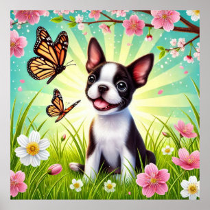 Poster Cãozinho com Flores e Borboletas