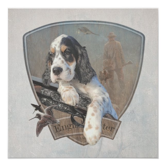 Póster Cãozinho do inglês Setter com uma espingarda cláss (Frente)