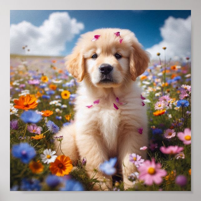 Poster Cãozinho do ouro Retriever com flores (Frente)