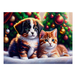 Póster Cãozinho e gato bonitos debaixo da árvore de Natal