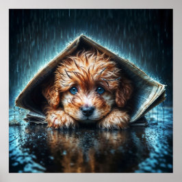 Poster Cãozinho molhado adorável sob abrigo de jornal