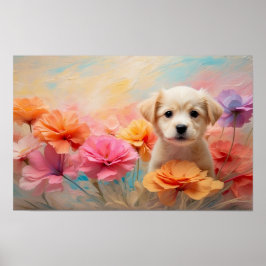 Poster Cãozinho para download rodeado de flores pastel
