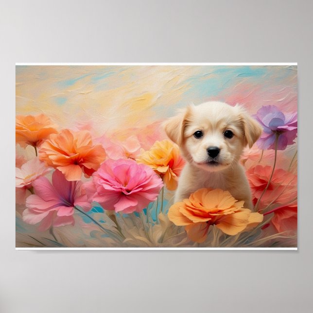 Poster Cãozinho para download rodeado de flores pastel (Frente)