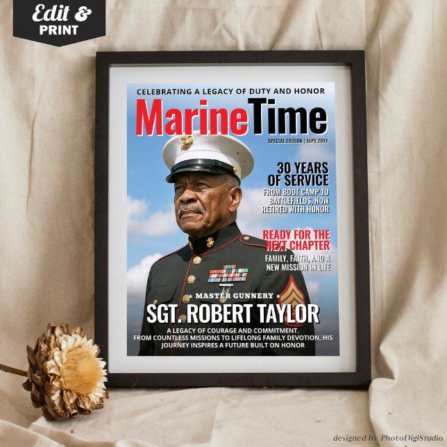 Poster Capa de Revista Personalizada Presente para Pai Fu (Personalized Marine Retirement Gift, Custom Magazine Cover for Retirement from Marine, Army Dad Gift)